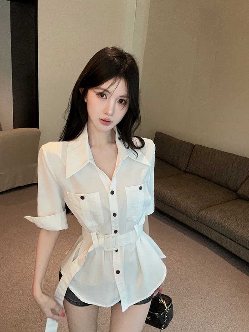 실사 정가 홍콩 느낌 패션 poio 칼라 디자인 센스 기타 주머니 7부 소매 슬림해 보이는 셔츠 벨트 상세 이미지 4