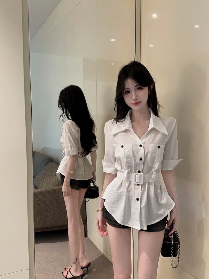 실사 정가 홍콩 느낌 패션 poio 칼라 디자인 센스 기타 주머니 7부 소매 슬림해 보이는 셔츠 벨트 상세 이미지 6