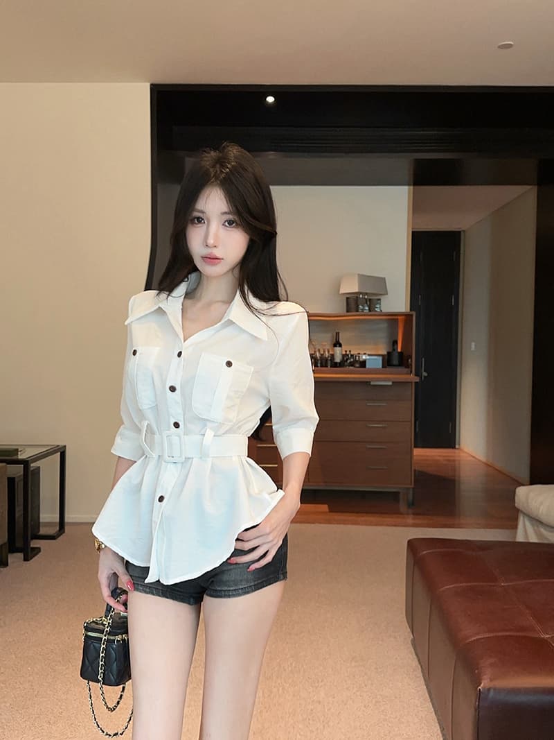 실사 정가 홍콩 느낌 패션 poio 칼라 디자인 센스 기타 주머니 7부 소매 슬림해 보이는 셔츠 벨트 상세 이미지 10