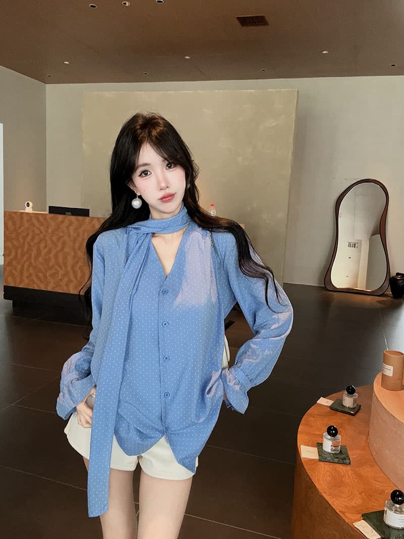 실사 정가 한 부서 V넥 도트 무늬 여성 셔츠 순수한 욕망 바람 품격 루즈핏 슬림해 보이는 긴팔 다용도 맨위 상세 이미지 1
