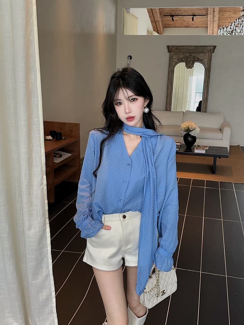 실사 정가 한 부서 V넥 도트 무늬 여성 셔츠 순수한 욕망 바람 품격 루즈핏 슬림해 보이는 긴팔 다용도 맨위 상세 이미지 3