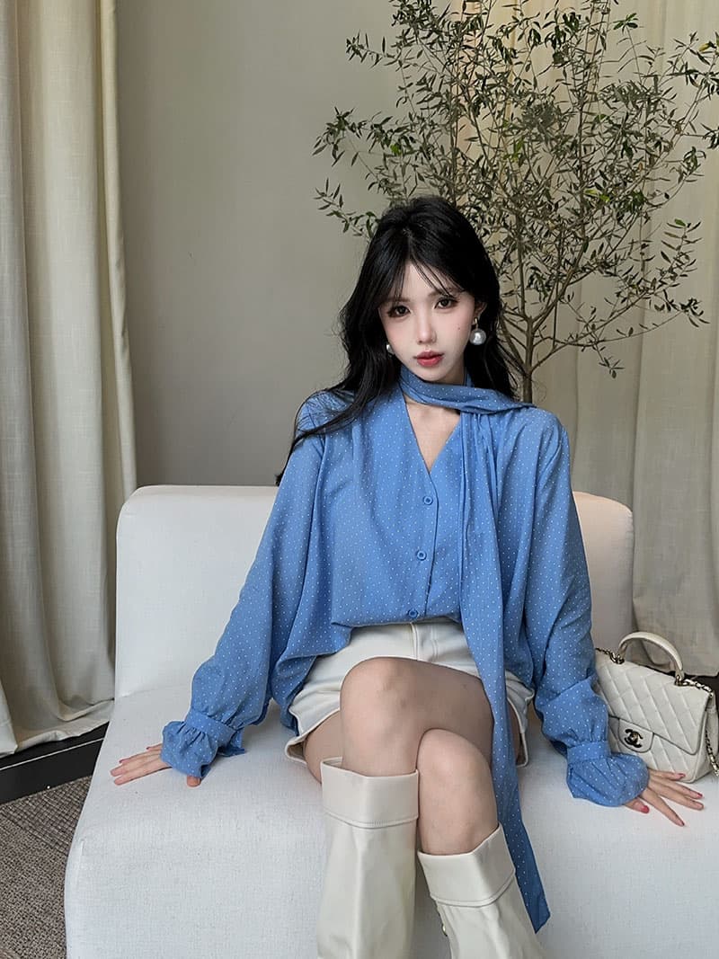 실사 정가 한 부서 V넥 도트 무늬 여성 셔츠 순수한 욕망 바람 품격 루즈핏 슬림해 보이는 긴팔 다용도 맨위 상세 이미지 4