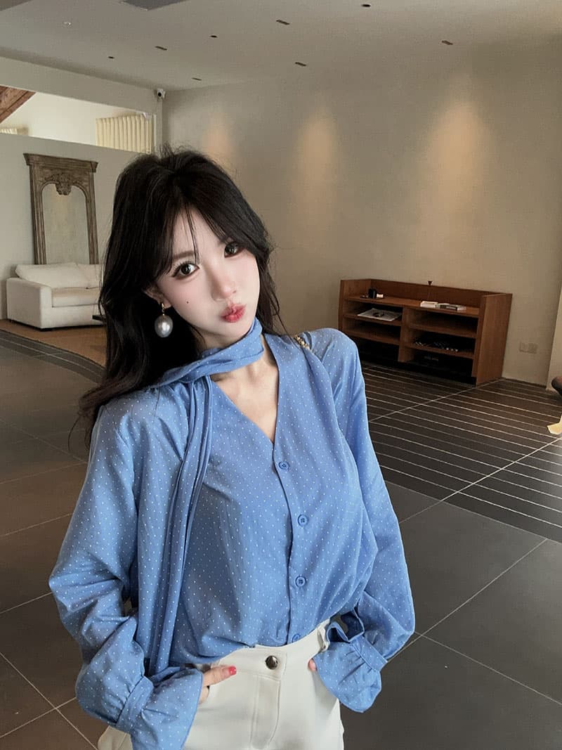 실사 정가 한 부서 V넥 도트 무늬 여성 셔츠 순수한 욕망 바람 품격 루즈핏 슬림해 보이는 긴팔 다용도 맨위 상세 이미지 6