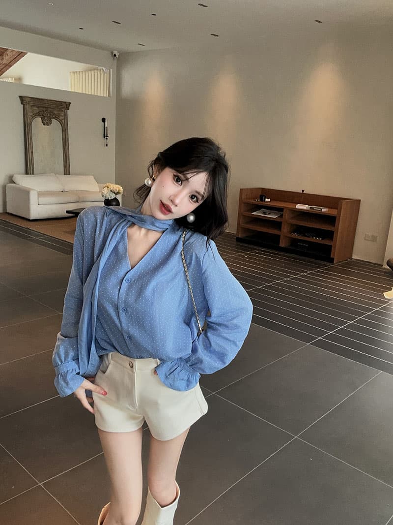 실사 정가 한 부서 V넥 도트 무늬 여성 셔츠 순수한 욕망 바람 품격 루즈핏 슬림해 보이는 긴팔 다용도 맨위 상세 이미지 7