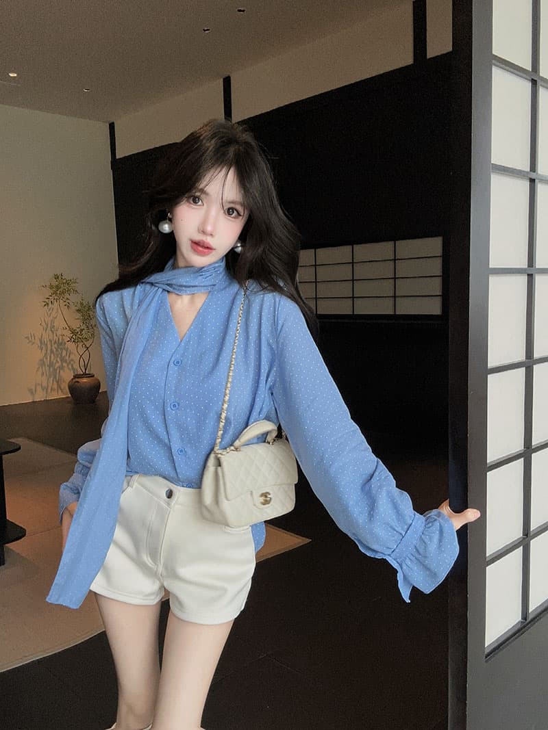 실사 정가 한 부서 V넥 도트 무늬 여성 셔츠 순수한 욕망 바람 품격 루즈핏 슬림해 보이는 긴팔 다용도 맨위 상세 이미지 9