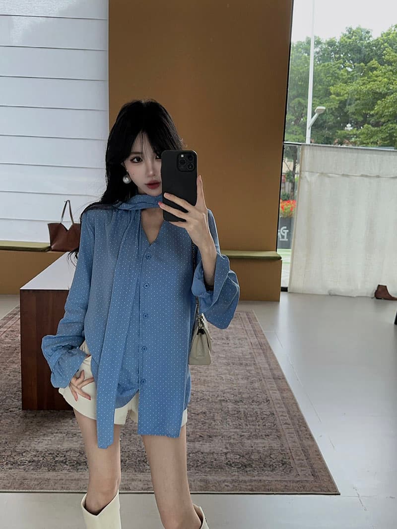 실사 정가 한 부서 V넥 도트 무늬 여성 셔츠 순수한 욕망 바람 품격 루즈핏 슬림해 보이는 긴팔 다용도 맨위 상세 이미지 11