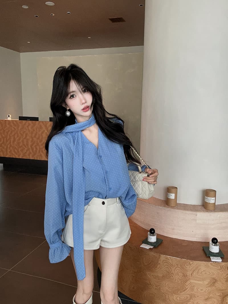 실사 정가 한 부서 V넥 도트 무늬 여성 셔츠 순수한 욕망 바람 품격 루즈핏 슬림해 보이는 긴팔 다용도 맨위 상세 이미지 12