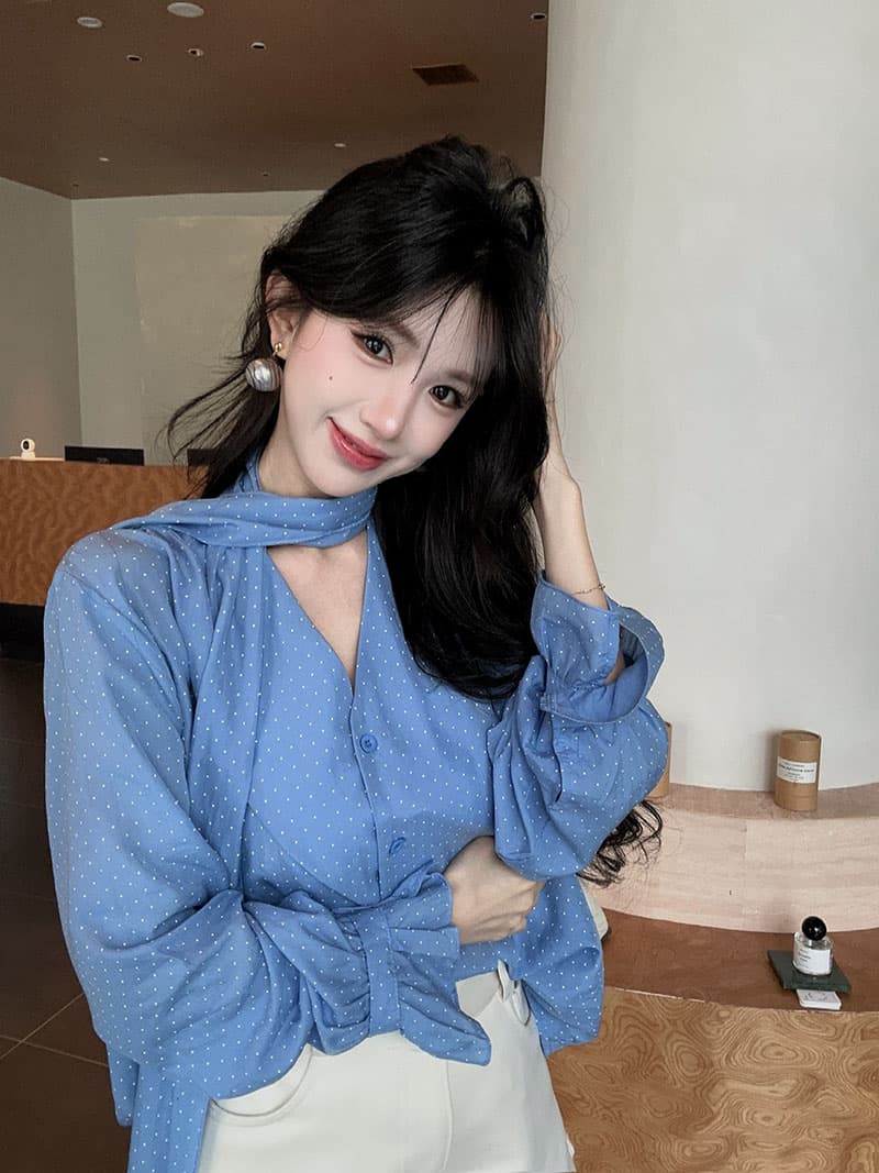 실사 정가 한 부서 V넥 도트 무늬 여성 셔츠 순수한 욕망 바람 품격 루즈핏 슬림해 보이는 긴팔 다용도 맨위 상세 이미지 13