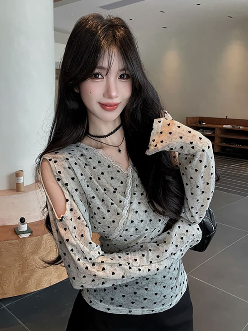 실사 정가 순수한 욕망 바람 V넥 레이스 레이스 패치워크 하트 식물 플러시 긴팔 티셔츠 여성 기본 셔츠 이미지 2