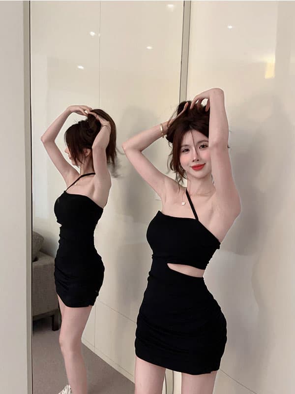 실사 정가 홍콩 느낌 섹시함 비스듬한 어깨 고유 한 디자인 몸매 가꾸기 이슬 허리 슬림해 보이는 타이트 스커트 드레스 상세 이미지 4