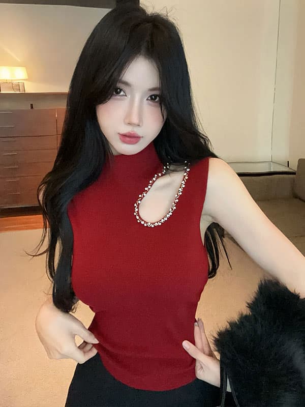 실사 정가 반하이넥 무거운 작업 패션 홀로우 아웃 기본 셔츠 여성 가을 겨울 인사이드 가져 가라. 몸매 가꾸기 민소매 니트 스웨터 이미지 2