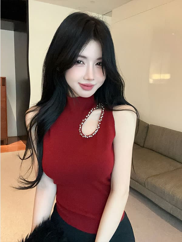실사 정가 반하이넥 무거운 작업 패션 홀로우 아웃 기본 셔츠 여성 가을 겨울 인사이드 가져 가라. 몸매 가꾸기 민소매 니트 스웨터 상세 이미지 9