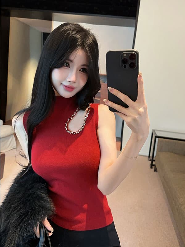 실사 정가 반하이넥 무거운 작업 패션 홀로우 아웃 기본 셔츠 여성 가을 겨울 인사이드 가져 가라. 몸매 가꾸기 민소매 니트 스웨터 상세 이미지 10