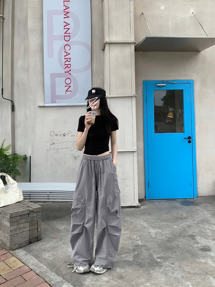 실사 아메리칸 디자인 센스 핑크색 워크웨어 팬츠 여성 여름 하이웨이스트 디자인 센스 루즈핏 와이드 레그 팬츠 펌프 로프 바닥 청소 바지 상세 이미지 58