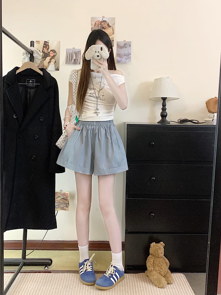 실사 허리밴드 단색 캐주얼 바지 스트레이트 팬츠 여성 여름 루즈핏 슬림해 보이는 바지 와이드 레그 팬츠 반바지 바지 상세 이미지 13