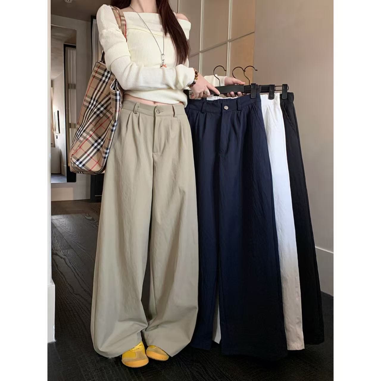실사 아메리칸 레트로 카키 색 캐주얼 바지 여성 여름 슬림해 보이는 다용도 루즈핏 와이드 레그 팬츠 스트레이트 팬츠 롱 바지 이미지 5