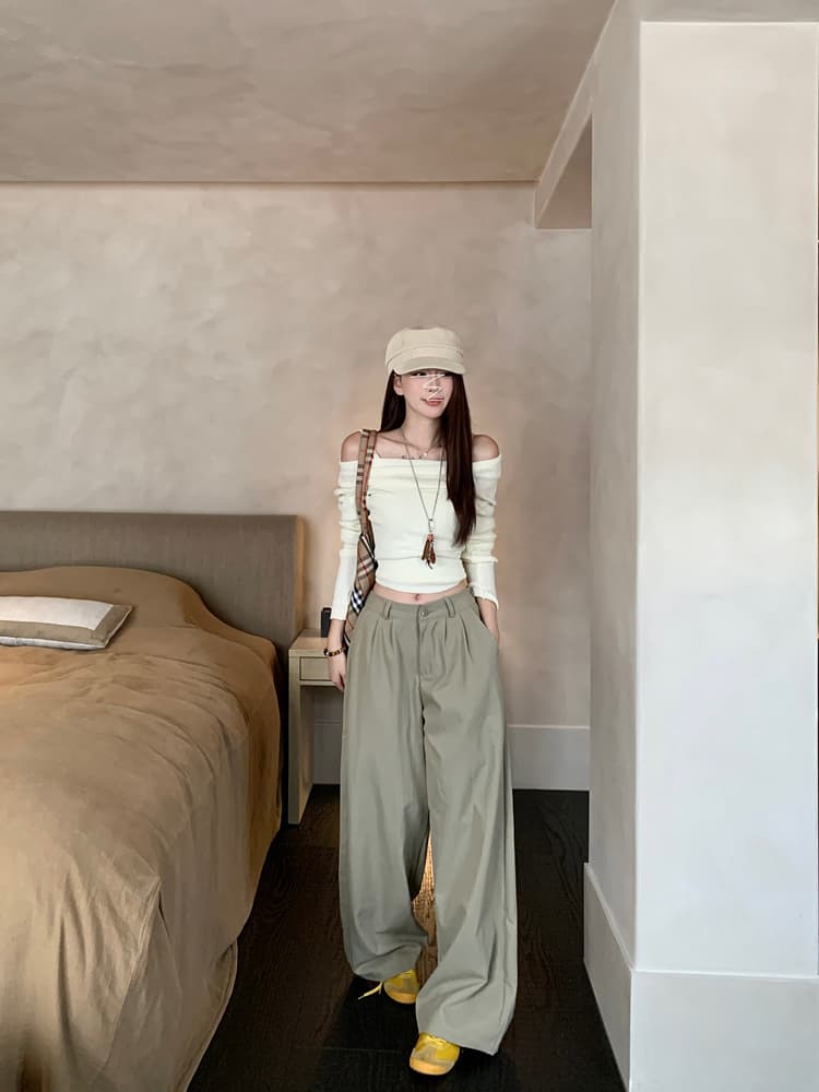 실사 아메리칸 레트로 카키 색 캐주얼 바지 여성 여름 슬림해 보이는 다용도 루즈핏 와이드 레그 팬츠 스트레이트 팬츠 롱 바지 상세 이미지 15