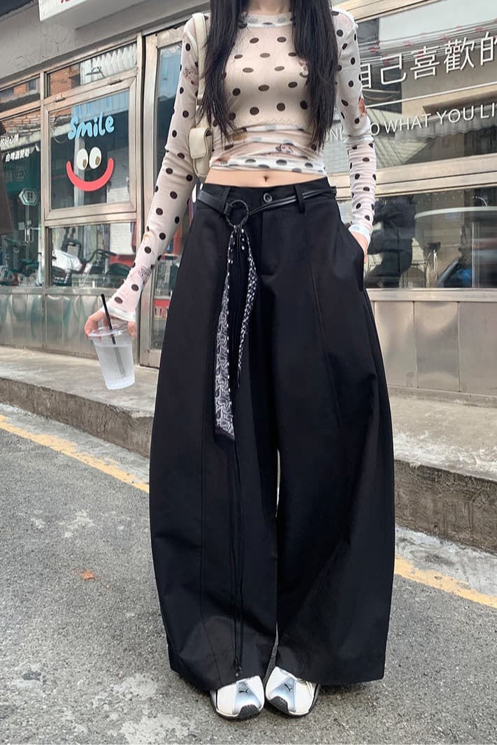 실사 아메리칸 느긋한 바람 모통이 칼 바지 캐주얼 바지 여성 여름 하이웨이스트 루즈핏 와이드 레그 팬츠 가을 다용도 롱 바지 이미지 6