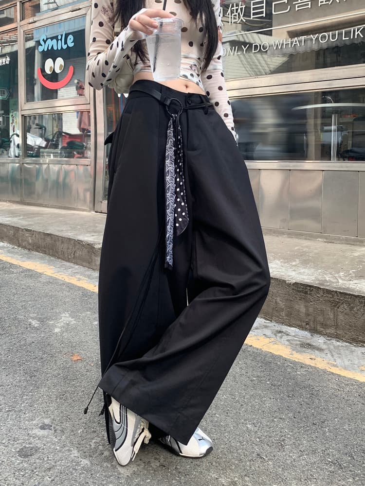 실사 아메리칸 느긋한 바람 모통이 칼 바지 캐주얼 바지 여성 여름 하이웨이스트 루즈핏 와이드 레그 팬츠 가을 다용도 롱 바지 상세 이미지 7