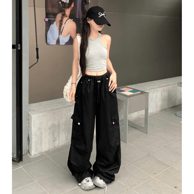 실사 아메리칸 디자인 센스 화이트 워크웨어 팬츠 여성 여름 하이웨이스트 디자인 센스 루즈핏 와이드 레그 팬츠 펌프 로프 바닥 청소 바지 이미지 5