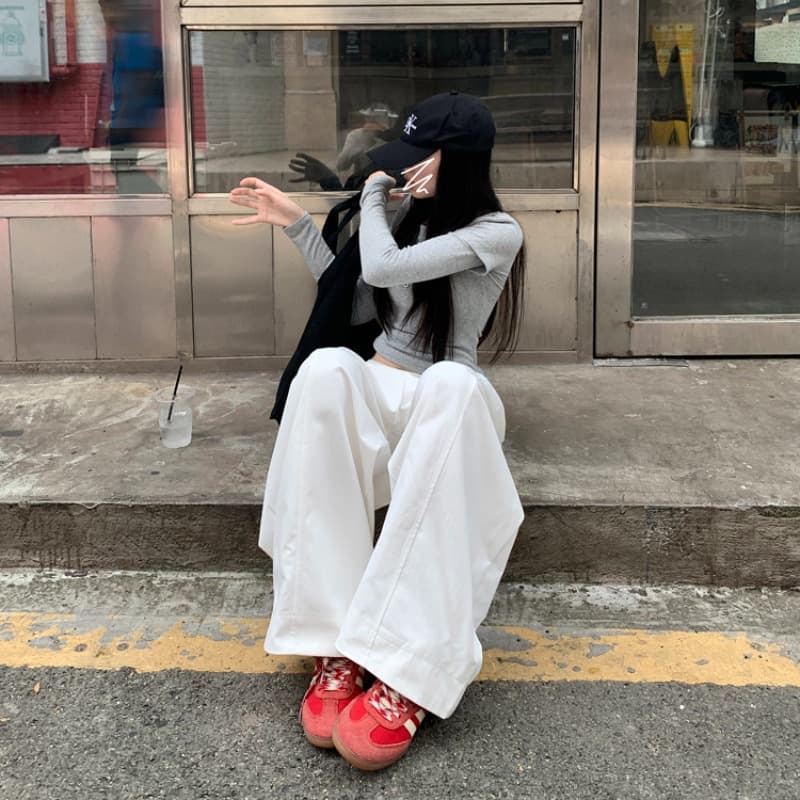 실사 아메리칸 느긋한 바람 모통이 칼 바지 캐주얼 바지 여성 여름 하이웨이스트 루즈핏 와이드 레그 팬츠 가을 다용도 롱 바지 이미지 5