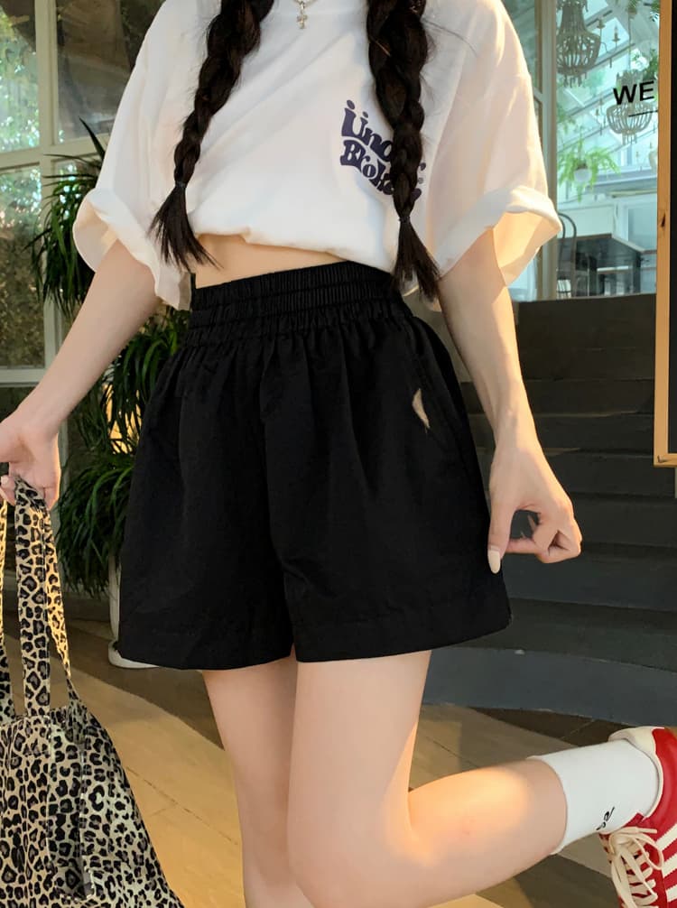 실사 허리밴드 단색 캐주얼 바지 스트레이트 팬츠 여성 여름 루즈핏 슬림해 보이는 바지 와이드 레그 팬츠 반바지 바지 이미지 3