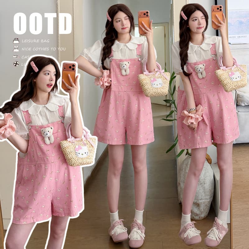 실사 신제품 여름 달콤함 루즈핏 꽃무늬 작은 곰 멜빵 반바지 꽃잎 베이비 칼라 맨위 이미지 3