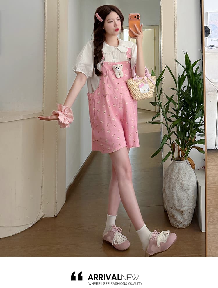 실사 신제품 여름 달콤함 루즈핏 꽃무늬 작은 곰 멜빵 반바지 꽃잎 베이비 칼라 맨위 상세 이미지 17