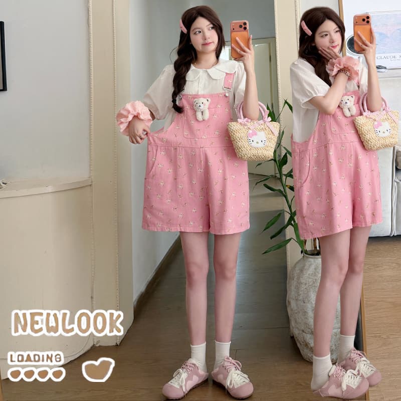 실사 신제품 여름 달콤함 루즈핏 꽃무늬 작은 곰 멜빵 반바지 꽃잎 베이비 칼라 맨위 이미지 5