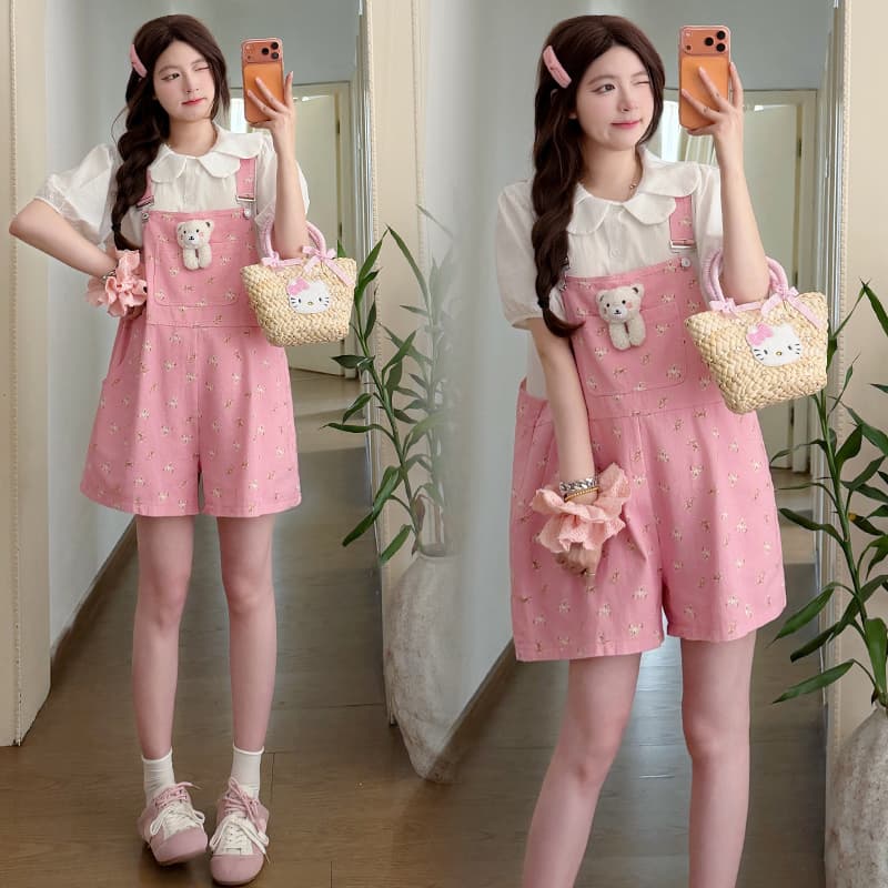 실사 신제품 여름 달콤함 루즈핏 꽃무늬 작은 곰 멜빵 반바지 꽃잎 베이비 칼라 맨위 이미지 4