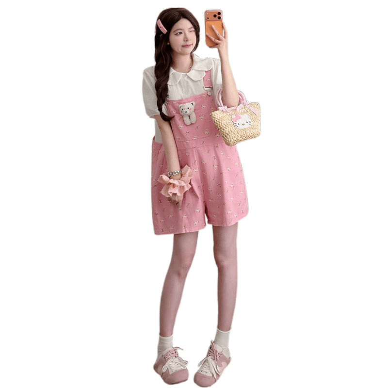 실사 신제품 여름 달콤함 루즈핏 꽃무늬 작은 곰 멜빵 반바지 꽃잎 베이비 칼라 맨위 이미지 6