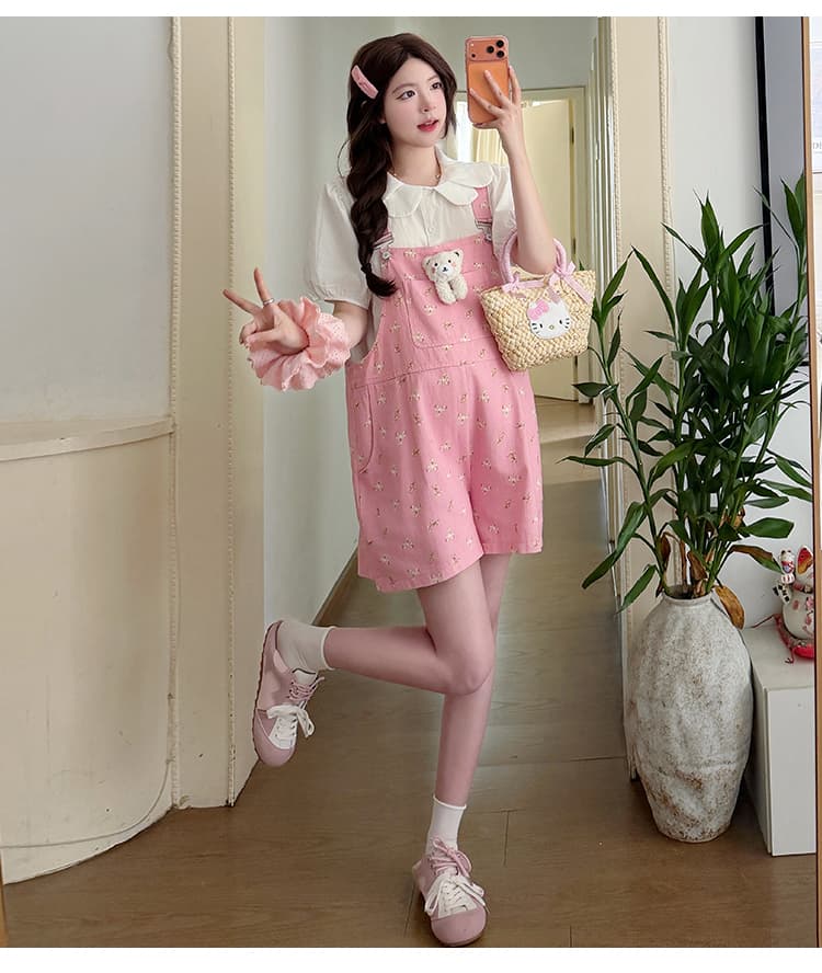실사 신제품 여름 달콤함 루즈핏 꽃무늬 작은 곰 멜빵 반바지 꽃잎 베이비 칼라 맨위 상세 이미지 12