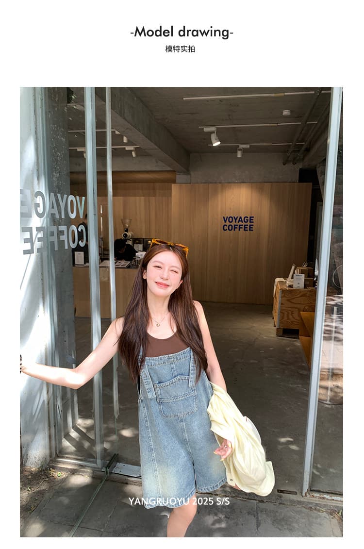 신제품 지금 활력 임산부 한국 스타일 루즈핏 작은 대중 데님 멜빵 바지 세트 순면 반팔 맨위 상세 이미지 2
