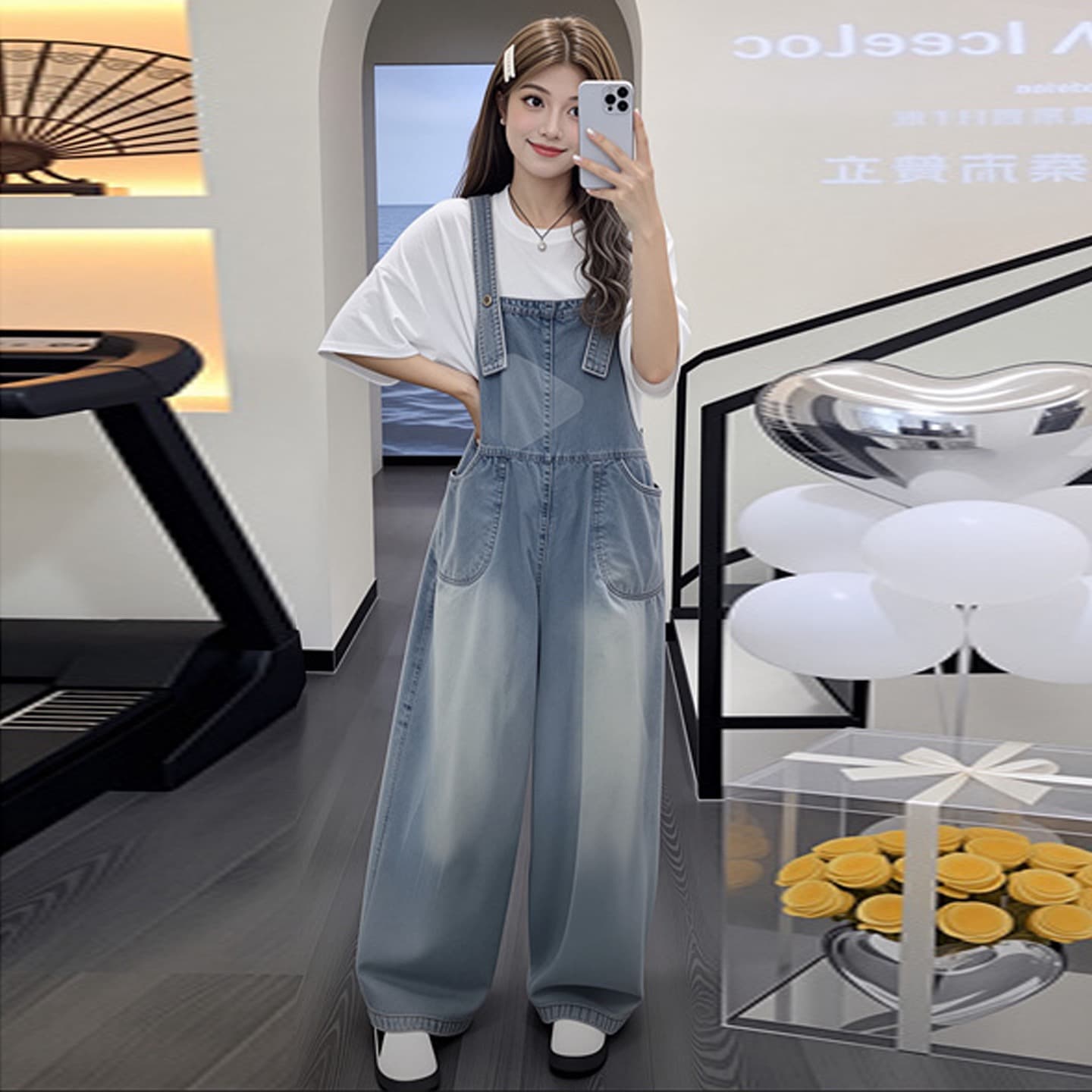 지금 신제품 여름 2026 임산부 한국 스타일 캐주얼 데님 멜빵 바지 면 t 만나는 투피스 슈트 이미지 4