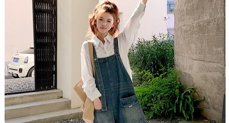 새로운 지금 지금 2026 임산부 가을 한국 스타일 캐주얼 미니멀리즘 데님 멜빵 바지 스트라이프 셔츠 세트 상세 이미지 18