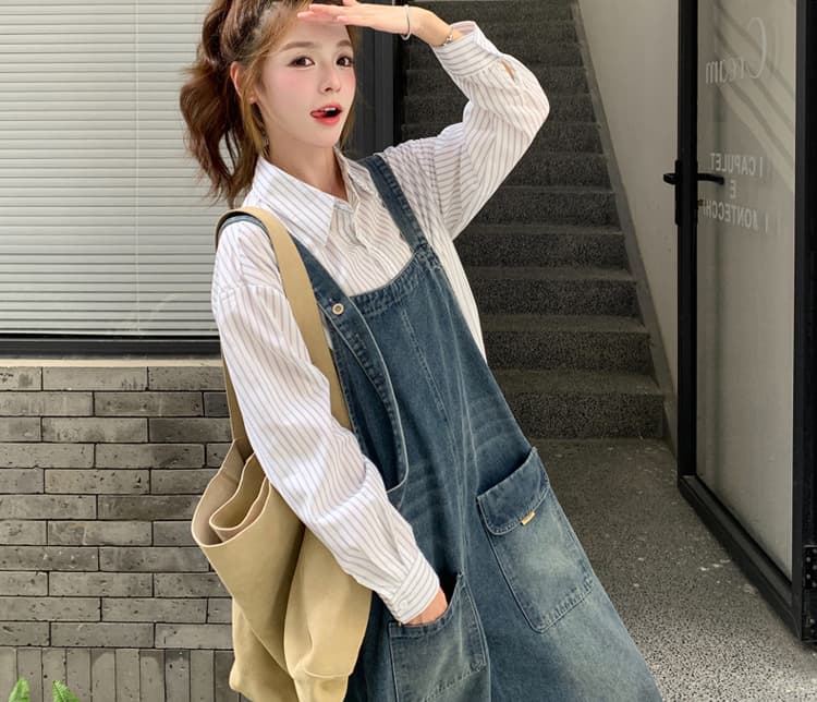 새로운 지금 지금 2026 임산부 가을 한국 스타일 캐주얼 미니멀리즘 데님 멜빵 바지 스트라이프 셔츠 세트 상세 이미지 40