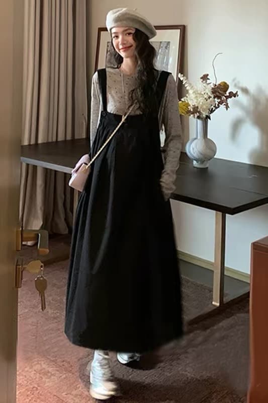 새로운 지금 지금 2026 가을 달콤함 활력 루즈핏 한국 스타일 데님 멜빵 스커트 도트 무늬 맨위 세트 이미지 7