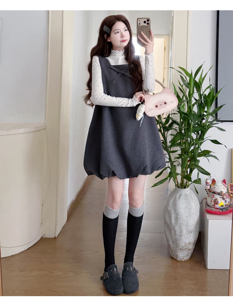 실사 지금 지금 새로운 가을 달콤함 활력 루즈핏 모직 랜턴 조끼 스커트 도트 무늬 맨위 세트 상세 이미지 14