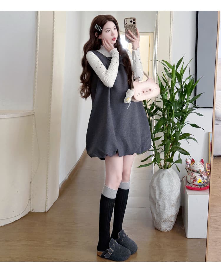 실사 지금 지금 새로운 가을 달콤함 활력 루즈핏 모직 랜턴 조끼 스커트 도트 무늬 맨위 세트 상세 이미지 17
