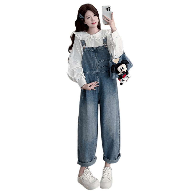 실사 질량 지금 가을 신제품 임산부 루즈핏 한국 스타일 데님 워크웨어 멜빵 바지 베이비 칼라 셔츠 세트 이미지 5