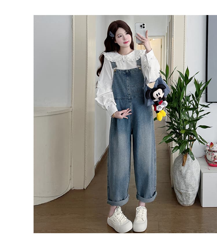 실사 질량 지금 가을 신제품 임산부 루즈핏 한국 스타일 데님 워크웨어 멜빵 바지 베이비 칼라 셔츠 세트 상세 이미지 14