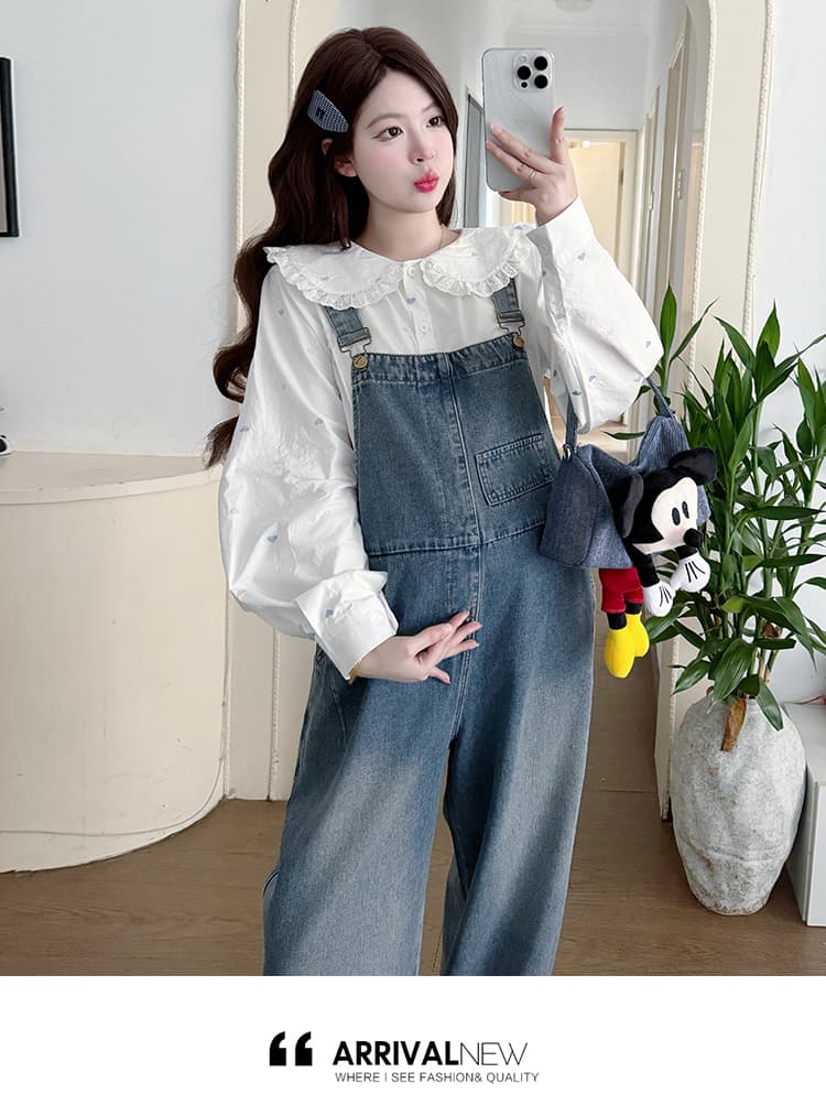 실사 질량 지금 가을 신제품 임산부 루즈핏 한국 스타일 데님 워크웨어 멜빵 바지 베이비 칼라 셔츠 세트 상세 이미지 17