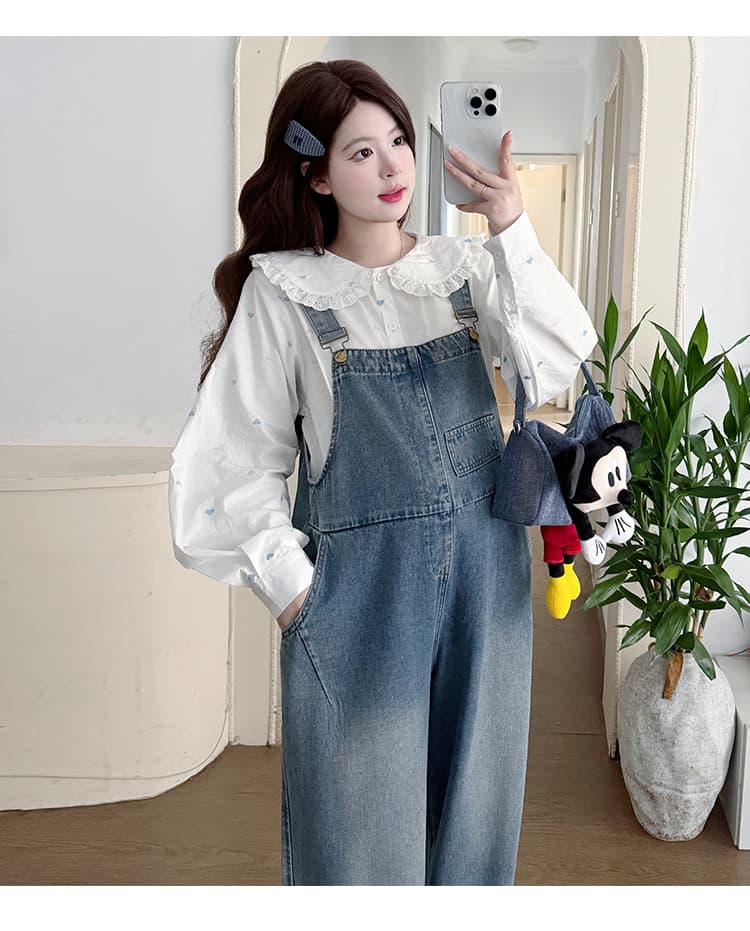 실사 질량 지금 가을 신제품 임산부 루즈핏 한국 스타일 데님 워크웨어 멜빵 바지 베이비 칼라 셔츠 세트 상세 이미지 18