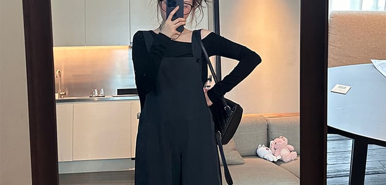 실사 지금 2026 출산 착용 가을 새로운 한국 스타일 캐주얼 데님 멜빵 바지 비스듬한 어깨 t 맨위 세트 상세 이미지 66