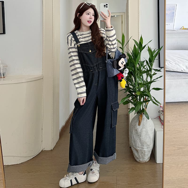 실사 지금 2026 가을 신제품 임산부 루즈핏 한국 스타일 데님 워크웨어 멜빵 바지 순면 줄무늬 세트 상세 이미지 16