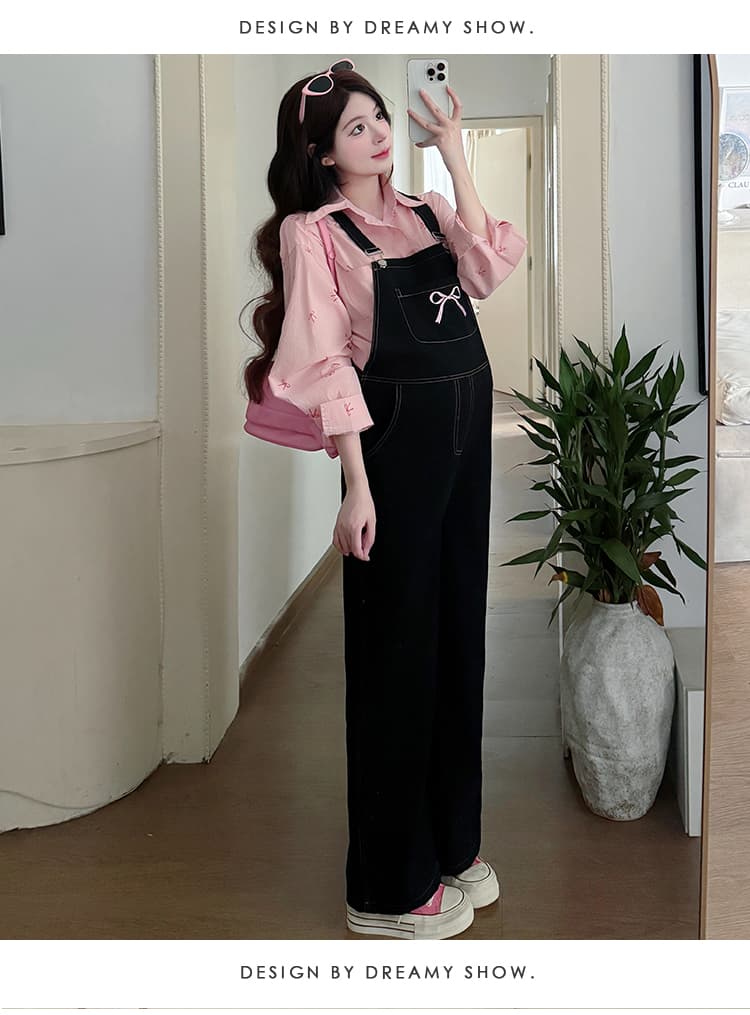 실사 지금 신제품 활력 임산부 한국 스타일 작은 대중 나비 매듭 자수 데님 멜빵 바지 프린트 셔츠 세트 상세 이미지 18