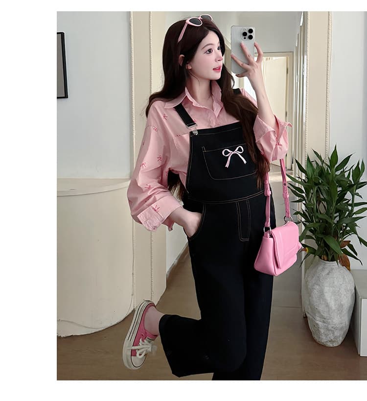 실사 지금 신제품 활력 임산부 한국 스타일 작은 대중 나비 매듭 자수 데님 멜빵 바지 프린트 셔츠 세트 상세 이미지 22
