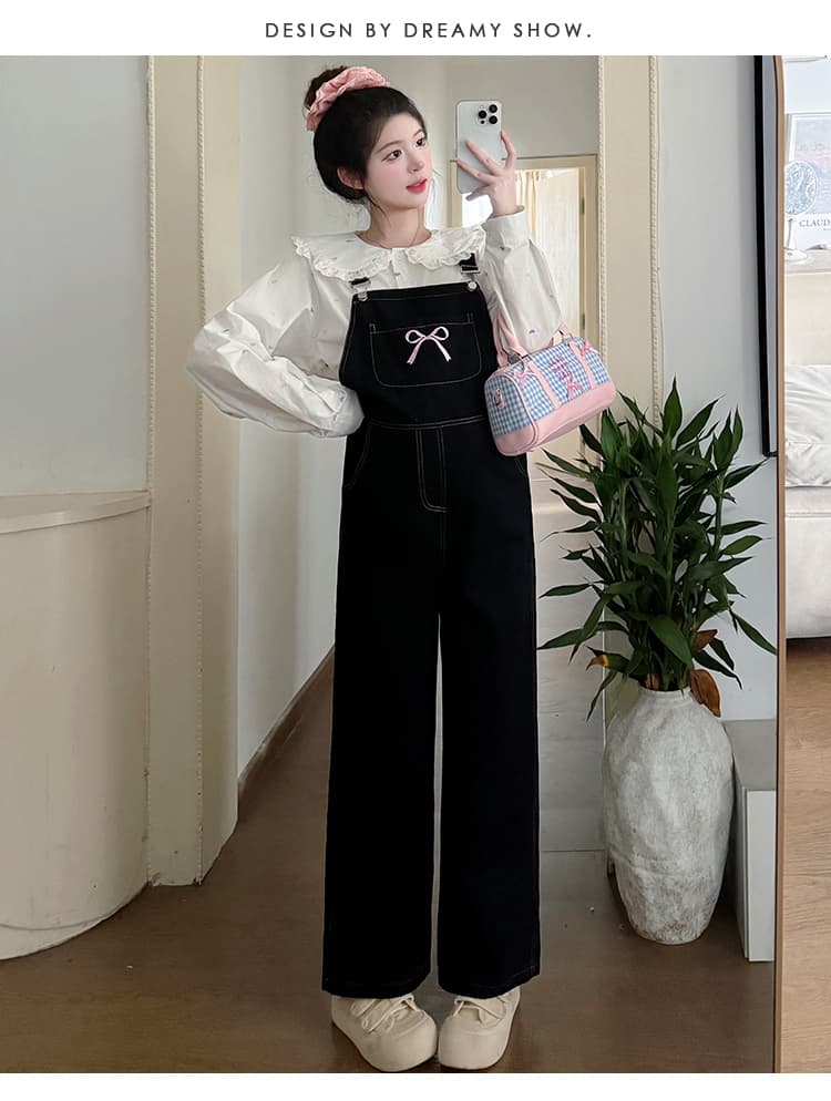 실사 지금 신제품 활력 임산부 한국 스타일 작은 대중 나비 매듭 자수 데님 멜빵 바지 프린트 셔츠 세트 상세 이미지 24