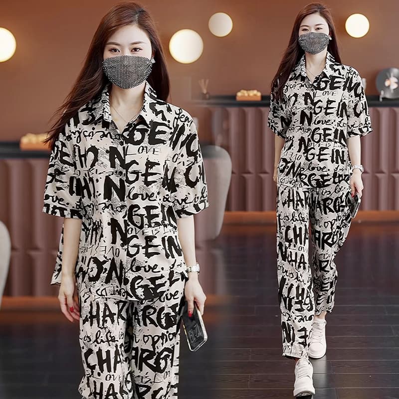 실사 2026 여름 새로운 외국 가스 세트 지방 mm 패션 프린트 셔츠 루즈핏 슬림해 보이는 연령 감소 투피스 세트 이미지 2