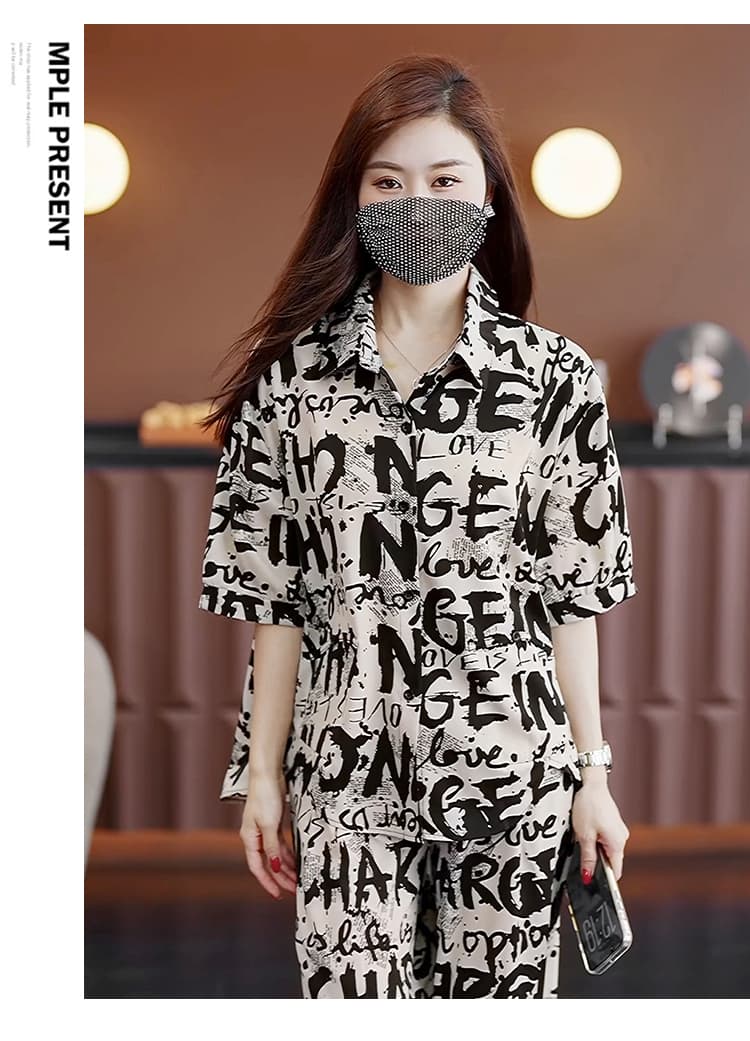 실사 2026 여름 새로운 외국 가스 세트 지방 mm 패션 프린트 셔츠 루즈핏 슬림해 보이는 연령 감소 투피스 세트 상세 이미지 8